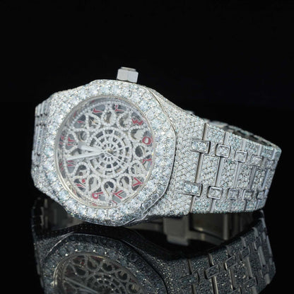 Iced-Out Moissanite Skeleton Watch – Red Arabic Numerals, Automatic Movement, Luxury Bling Timepiece for Men