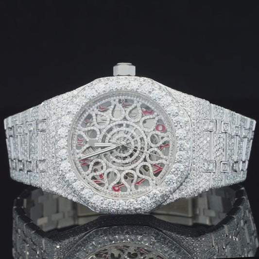 Iced-Out Moissanite Skeleton Watch – Red Arabic Numerals, Automatic Movement, Luxury Bling Timepiece for Men