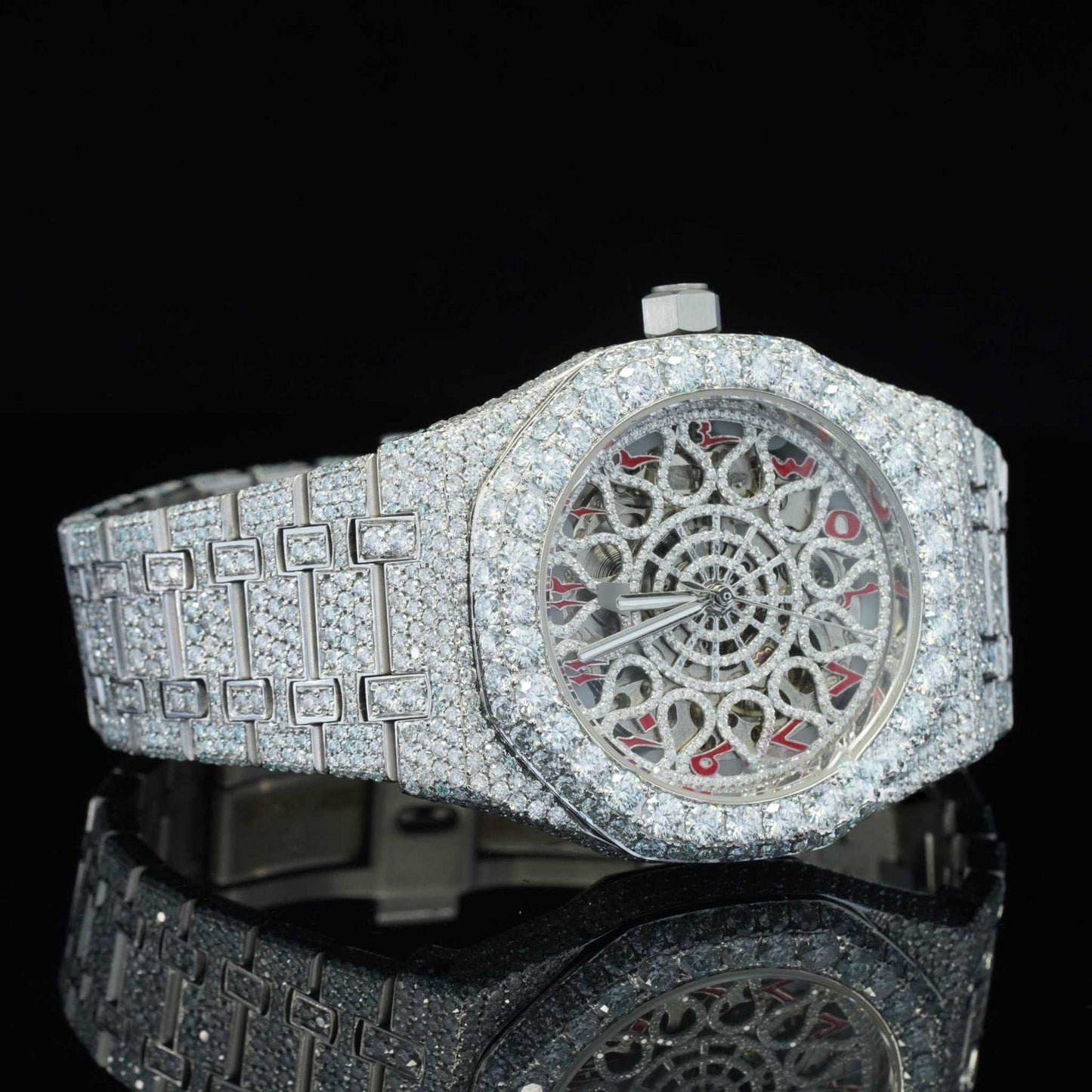 Iced-Out Moissanite Skeleton Watch – Red Arabic Numerals, Automatic Movement, Luxury Bling Timepiece for Men