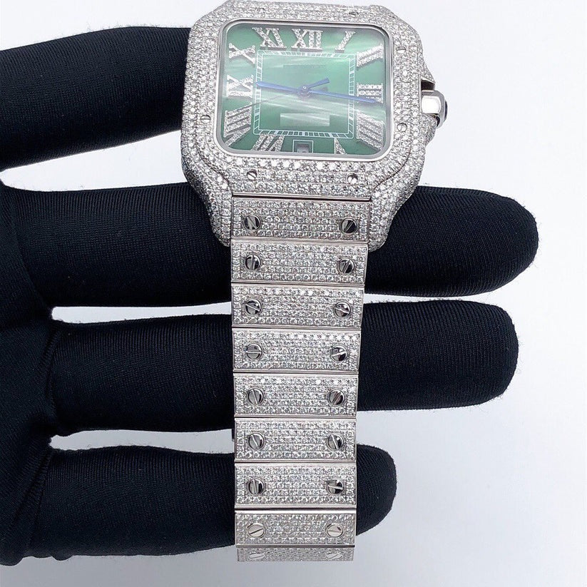 MW Premium Moissanite  Watch Automatic Movement  Square Roman Dial Studded Watch Hip Hop Bust Down VVS  Iced Out  MW_C1021