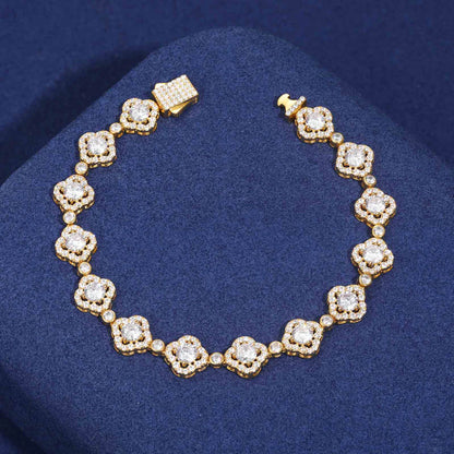 10mm Moissanite Halo Four-Leaf Clover Tennis Bracelet – VVS Diamond-Look Lucky Charm Jewelry in 925 Silver, Yellow, Rose & White Gold Finishes