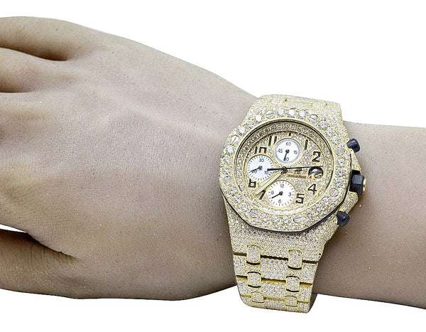 Full Iced Out VVS Diamond Men's Watch, Stainless Steel Yellow Gold Plated, All Chronograph Working, 42mm Luxury Watch