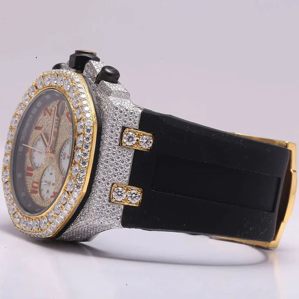 Luxury Iced Out VVS Diamond Men's Watch, 42mm Black Silicone Band, Chronograph Function
