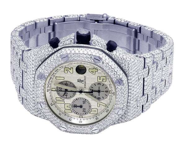 Automatic Moissanite Iced Out VVS Diamond Men's Watch, Stainless Steel All Chronograph Working, White Gold Plated 42mm