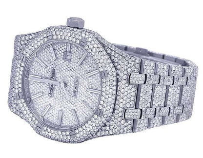 Luxury Moissanite Diamond Men's Iced Out Wrist Watch, Automatic, Stainless Steel White Gold, 42mm