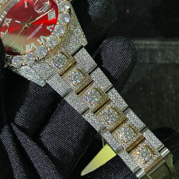 MW Premium Watch Automatic  Moissanite Roman Red Dial Iced Out Stainless Steel  Diamond Hip Hop Bust Down Watch  Studded Movement Watch Fully Iced out Watch MW_R1033