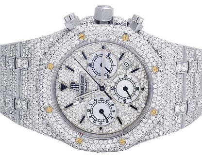 Iced Out VVS Diamond Men's Watch, Stainless Steel White Gold Plated, All Chronograph Working, 42mm Luxury Timepiece