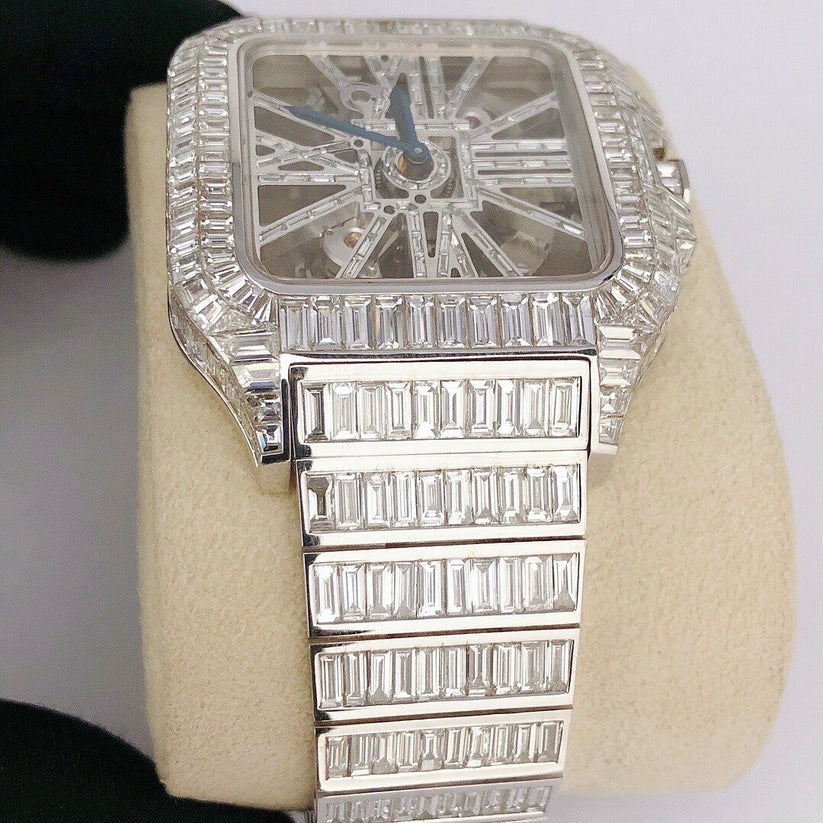 MW Premium Moissanite Skeleton Baguette Watch Automatic Movement  Square Dial Stainless Steel  Studded Watch Hip Hop Bust Down VVS  Iced Out  MW_C1020