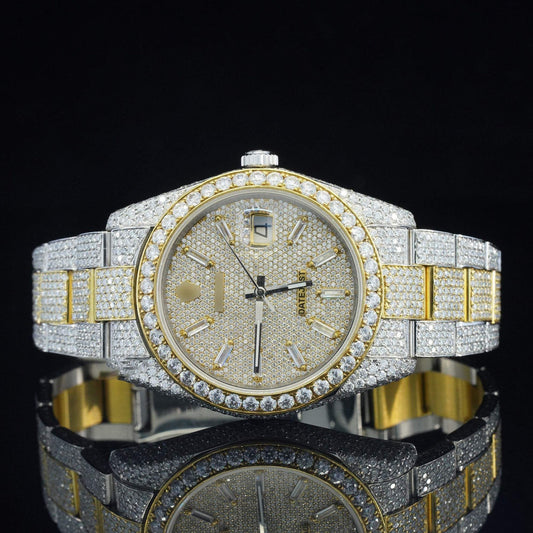 Iced-Out Moissanite Diamond Watch – Fully Automatic Hip-Hop Bust Down Two-Tone Luxury Timepiece