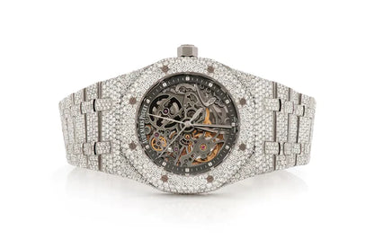 Luxurious Moissanite Diamond Iced Out Men's Watch, Skeleton Design, White Gold Plated, Premium Timepiece