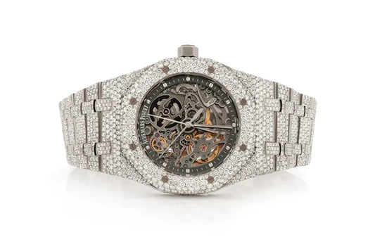 Luxurious Moissanite Diamond Iced Out Men's Watch, Skeleton Design, White Gold Plated, Premium Timepiece