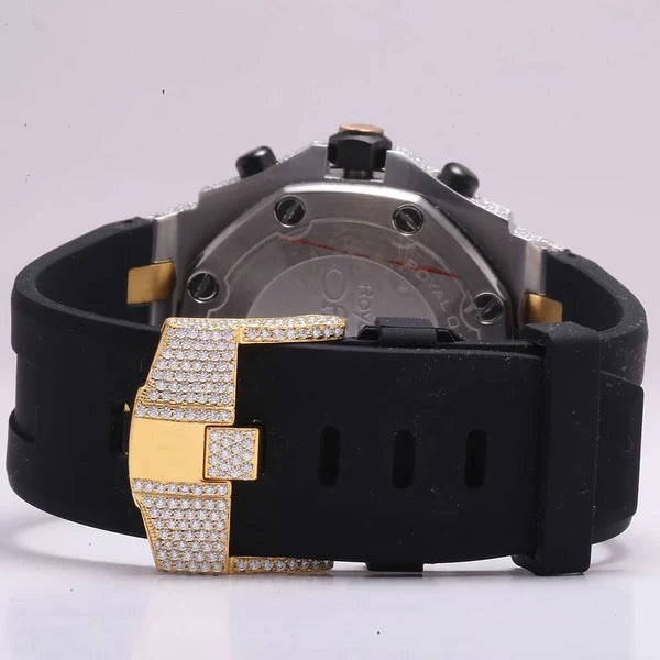 Luxury Iced Out VVS Diamond Men's Watch, 42mm Black Silicone Band, Chronograph Function