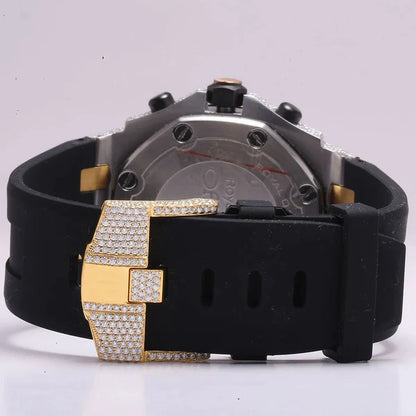 Luxury Iced Out VVS Diamond Men's Watch, 42mm Black Silicone Band, Chronograph Function