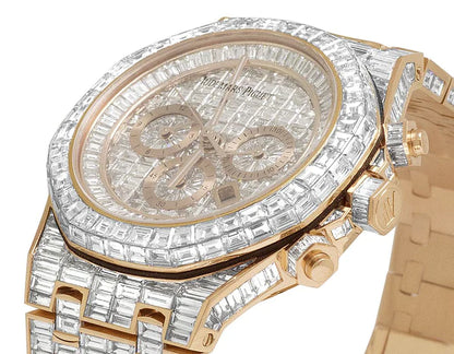 Full Iced Out VVS Baguette Mpossanite Diamond Men's Wrist Watch, Stainless Steel All Chronology Working Rose Gold Plated 42mm Men Watch