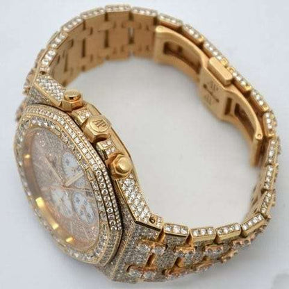 Classic Moissanite Diamond Iced Out Bust Down Automatic Watch, Rose Gold Plated 42mm Men’s Chronograph