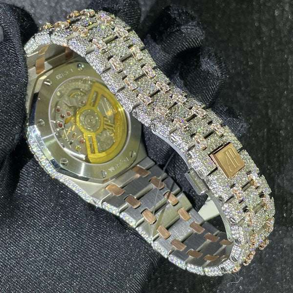 Full Iced Out Moissanite Diamond Men's Watch, 42mm Stainless Steel White & Rose Gold Luxury Watch