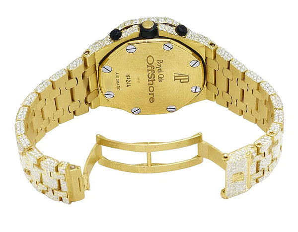 Full Iced Out VVS Diamond Men's Watch, Stainless Steel Yellow Gold Plated, All Chronograph Working, 42mm Luxury Watch