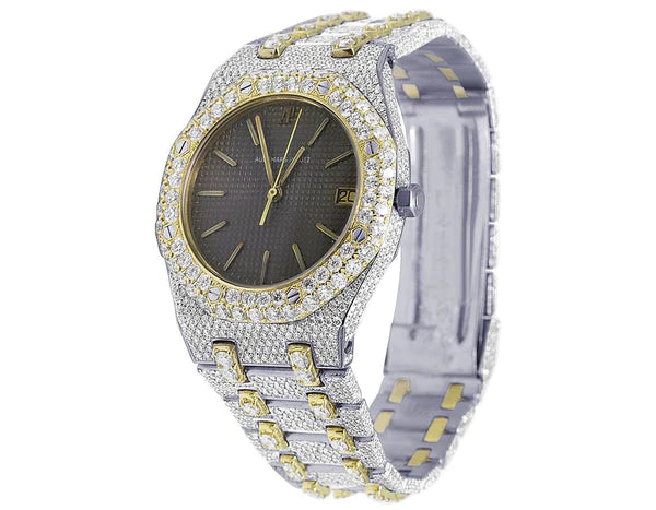 Luxury Full Iced Out VVS Diamond Men's Watch, Stainless Steel 2-Tone Gold Plated 42mm - High-End Fashion Timepiece