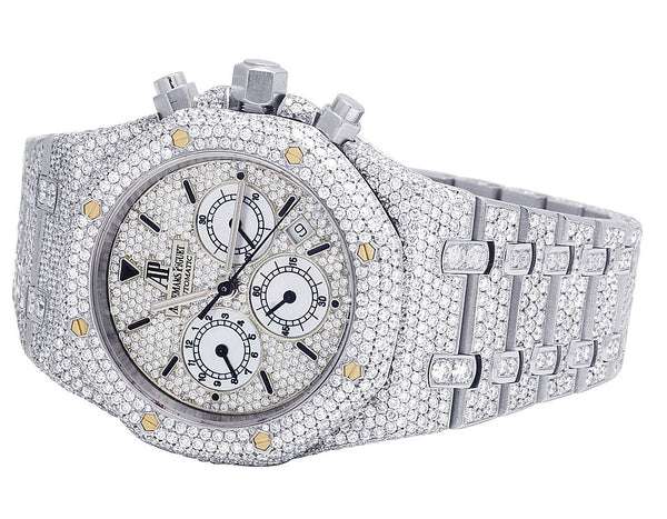 Iced Out VVS Diamond Men's Watch, Stainless Steel White Gold Plated, All Chronograph Working, 42mm Luxury Timepiece