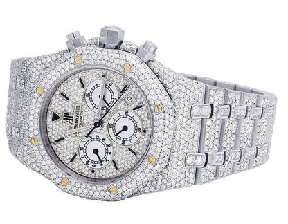 Iced Out VVS Diamond Men's Watch, Stainless Steel White Gold Plated, All Chronograph Working, 42mm Luxury Timepiece