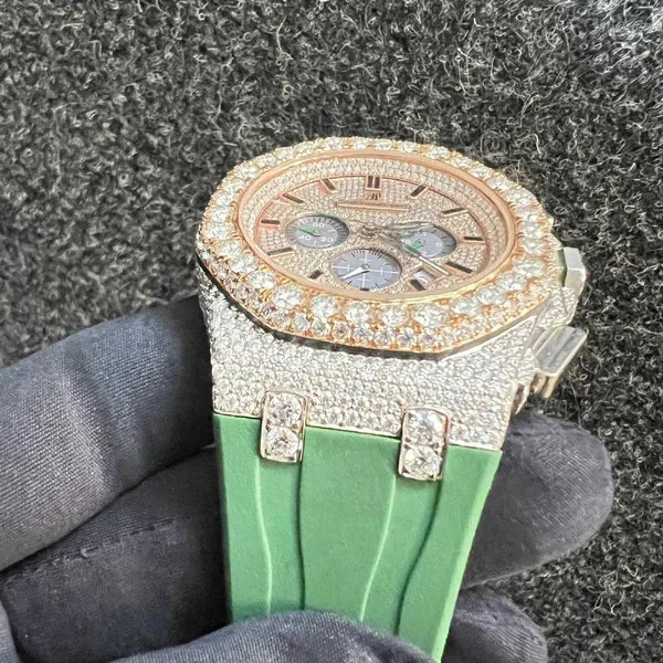 Full Iced Out VVS Diamond Men's Watch, 42mm Green Silicone Band, Chronograph Function