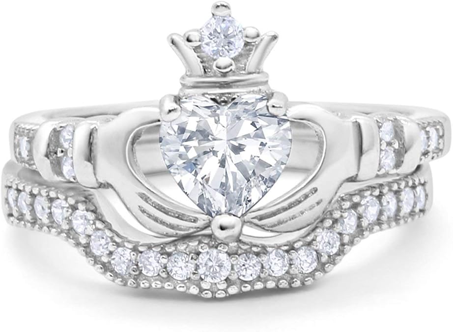 "Heart Shape Moissanite Claddagh Ring Set – VVS D-Color 925 Sterling Silver Irish Promise & Wedding Jewelry for Women"