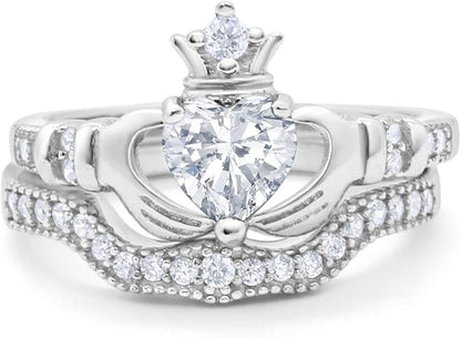 "Heart Shape Moissanite Claddagh Ring Set – VVS D-Color 925 Sterling Silver Irish Promise & Wedding Jewelry for Women"
