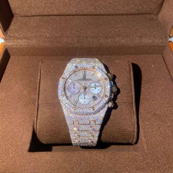 Luxury Full Iced Out VVS Moissanite Diamond Men's Watch, 2-Tone Gold Plated 42mm Stainless Steel Chronograph Working