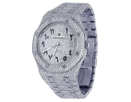 Full Iced Out VVS Moissanite Diamond Men's Watch, Stainless Steel White Gold, Arabic Numerals, 42mm Luxury Watch