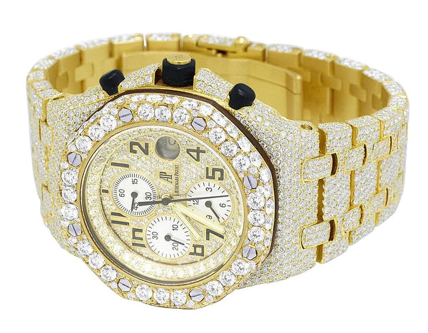 Full Iced Out VVS Diamond Men's Watch, Stainless Steel Yellow Gold Plated, All Chronograph Working, 42mm Luxury Watch