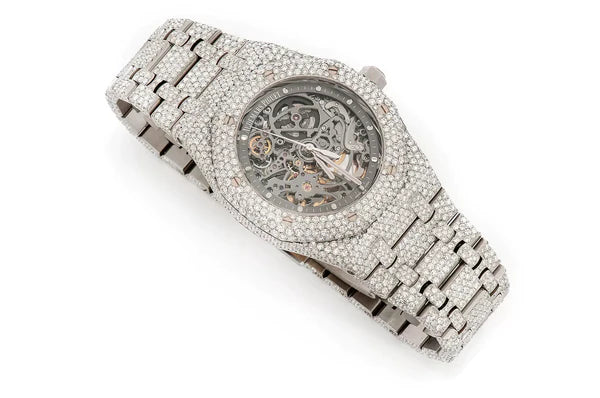 Luxurious Moissanite Diamond Iced Out Men's Watch, Skeleton Design, White Gold Plated, Premium Timepiece