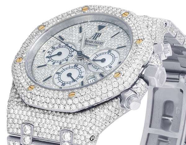 Iced Out VVS Diamond Men's Watch, Stainless Steel White Gold Plated, All Chronograph Working, 42mm Luxury Timepiece