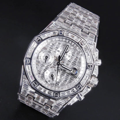 Iced Out D Color Baguette Moissanite Diamond Men's Watch, 42mm Stainless Steel Chronograph White Gold Plated Automatic Wrist Watch