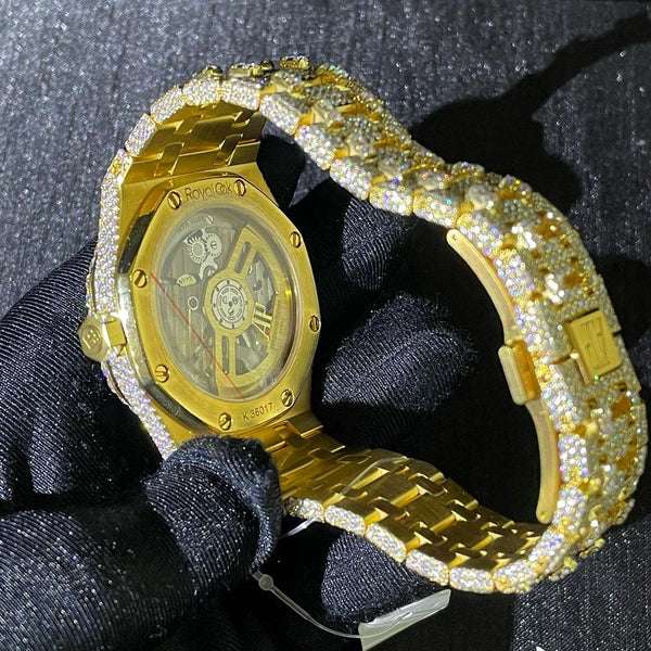 Iced Out VVS Moissanite Diamond Men's Watch, 42mm Stainless Steel Yellow Gold Luxury Watch