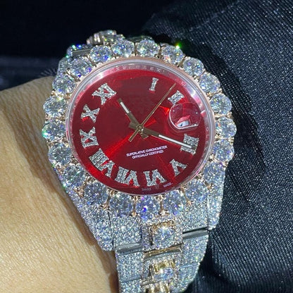 MW Premium Watch Automatic  Moissanite Roman Red Dial Iced Out Stainless Steel  Diamond Hip Hop Bust Down Watch  Studded Movement Watch Fully Iced out Watch MW_R1033