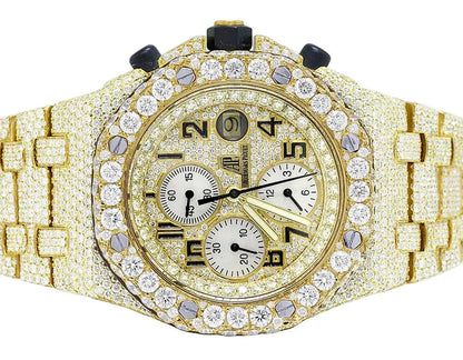 Full Iced Out VVS Diamond Men's Watch, Stainless Steel Yellow Gold Plated, All Chronograph Working, 42mm Luxury Watch