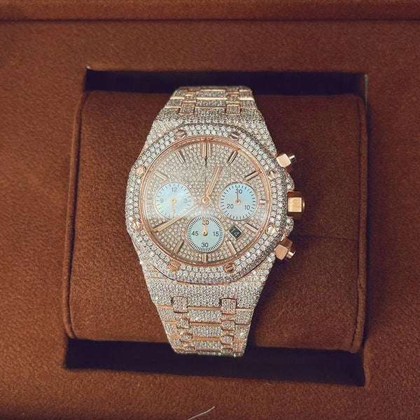 Luxury Full Iced Out VVS Moissanite Diamond Men's Watch, 2-Tone Gold Plated 42mm Stainless Steel Chronograph Working