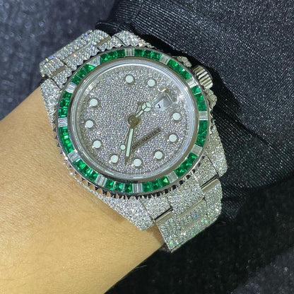 MW Green Baguette Dial Watch Automatic Dial Moissanite Iced Out Stainless Steel  Diamond Hip Hop Bust Down Watch  Studded Movement Watch Fully Iced out Watch MW_R1034