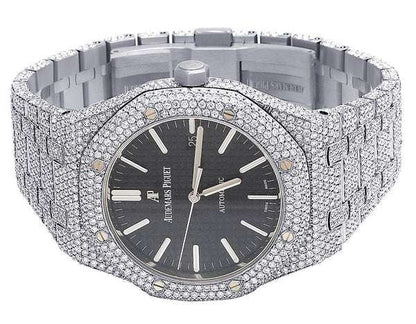 Luxury Iced Out VVS Moissanite Diamond Men's Watch, Stainless Steel White Gold, Black Face, 42mm Automatic Movement, Bust Down Hip Hop Watch