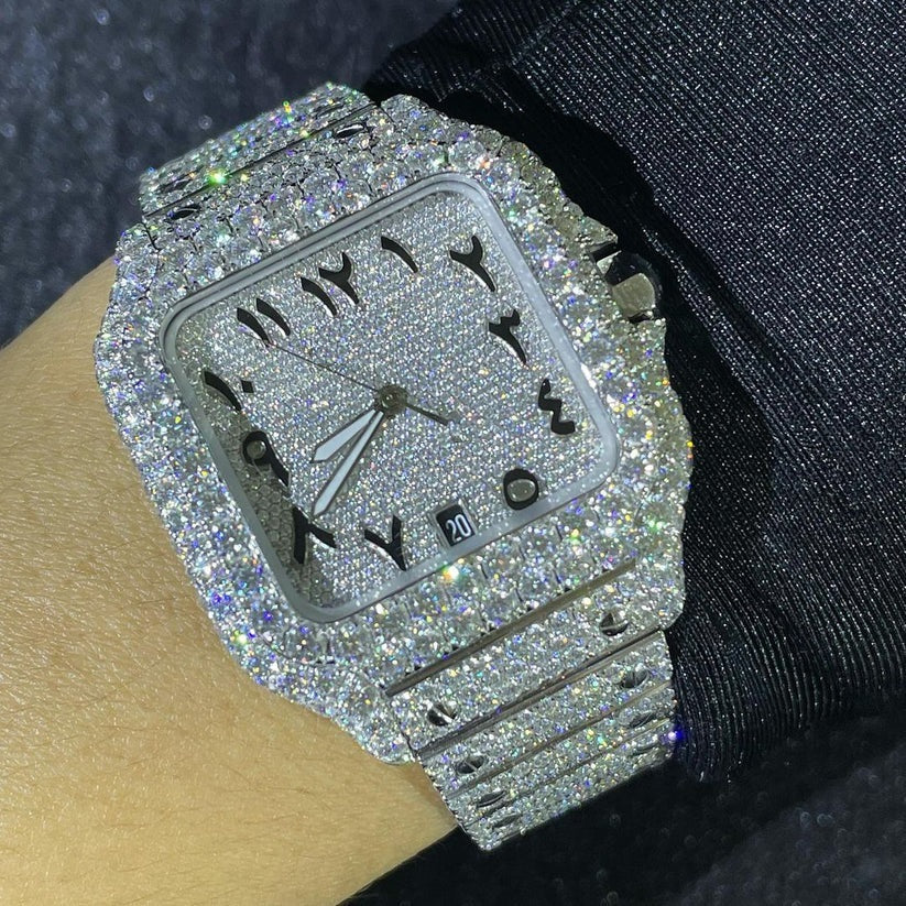 MW Fully Premium Square Arabic Dial Moissanite   Watch Automatic Movement   Studded Watch Hip Hop Bust Down VVS  Iced Out  MW_C1027