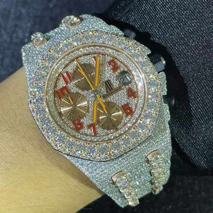 D Color Moissanite Diamond Men's Watch, 42mm Stainless Steel Chronograph, White & Rose Gold Plated Christmas Gift Watch