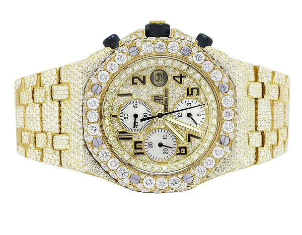 Full Iced Out VVS Diamond Men's Watch, Stainless Steel Yellow Gold Plated, All Chronograph Working, 42mm Luxury Watch