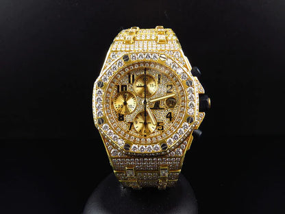 Luxurious Iced Out VVS Moissanite Diamond Men's Wrist Watch, 42mm Stainless Steel Chronograph Automatic Movement, Yellow Gold Plated Birthday Gift Watch