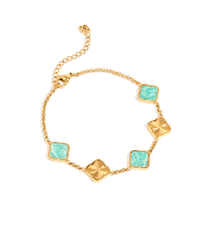 5mm Moissanite Amazonite & Fluted Clover Bracelet in Gold – VVS Diamond-Look Elegant Charm Jewelry for Women in Yellow, Rose & White Gold Finishes