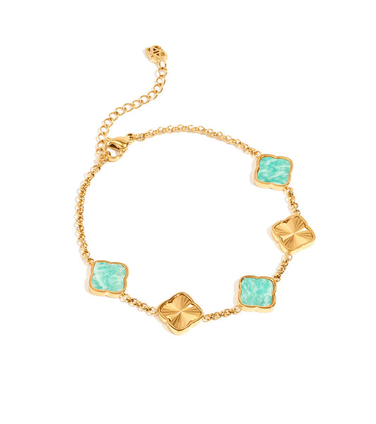 5mm Moissanite Amazonite & Fluted Clover Bracelet in Gold – VVS Diamond-Look Elegant Charm Jewelry for Women in Yellow, Rose & White Gold Finishes