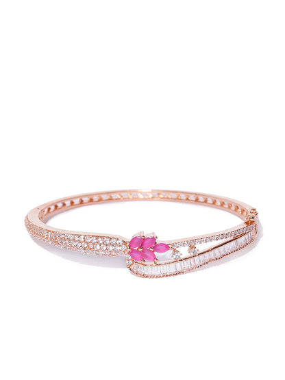 "Artificial Rose Gold-Plated Ruby and American Diamond Studded Floral Bracelet for Women | Elegant Adjustable Jewelry"