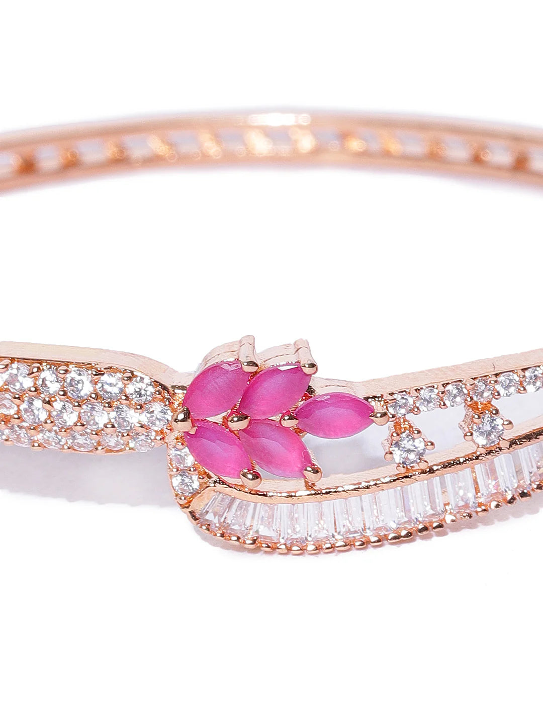 "Artificial Rose Gold-Plated Ruby and American Diamond Studded Floral Bracelet for Women | Elegant Adjustable Jewelry"