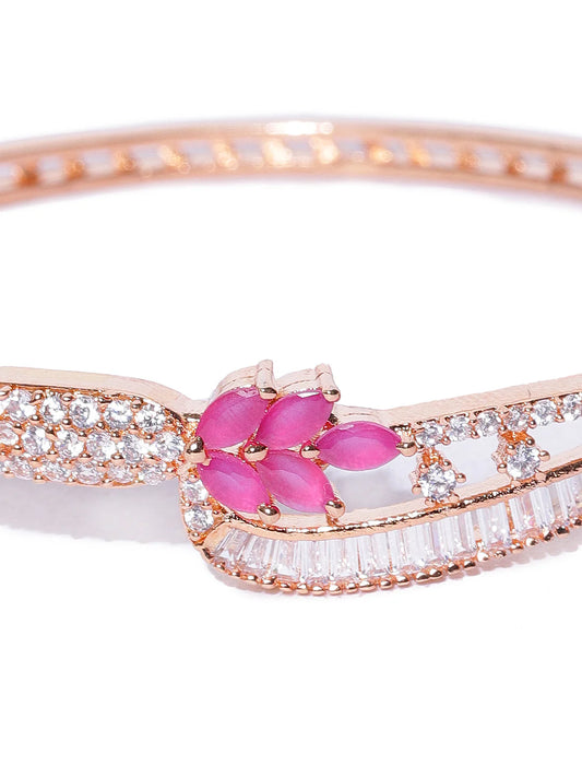 "Artificial Rose Gold-Plated Ruby and American Diamond Studded Floral Bracelet for Women | Elegant Adjustable Jewelry"