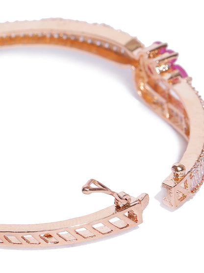 "Artificial Rose Gold-Plated Ruby and American Diamond Studded Floral Bracelet for Women | Elegant Adjustable Jewelry"