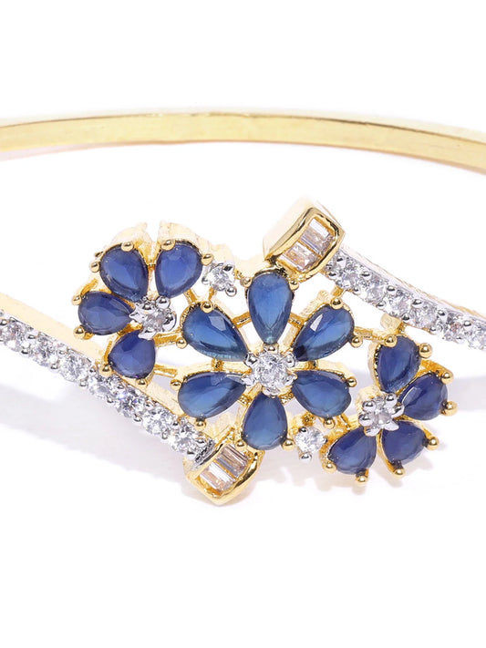 "Artificial Gold Plated Blue Floral American Diamond Bracelet for Women | Elegant Adjustable Jewelry"